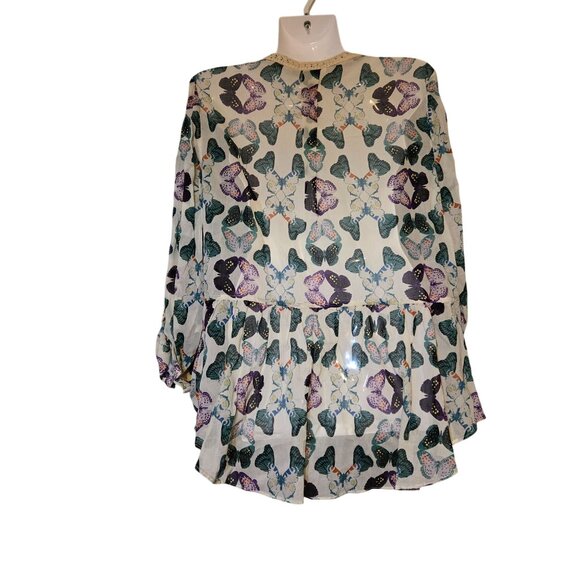 NWT Butterfly Print Sheer Boho Blouse Lace Trim/Button Flowy Lightweight Sz SP - Picture 3 of 8
